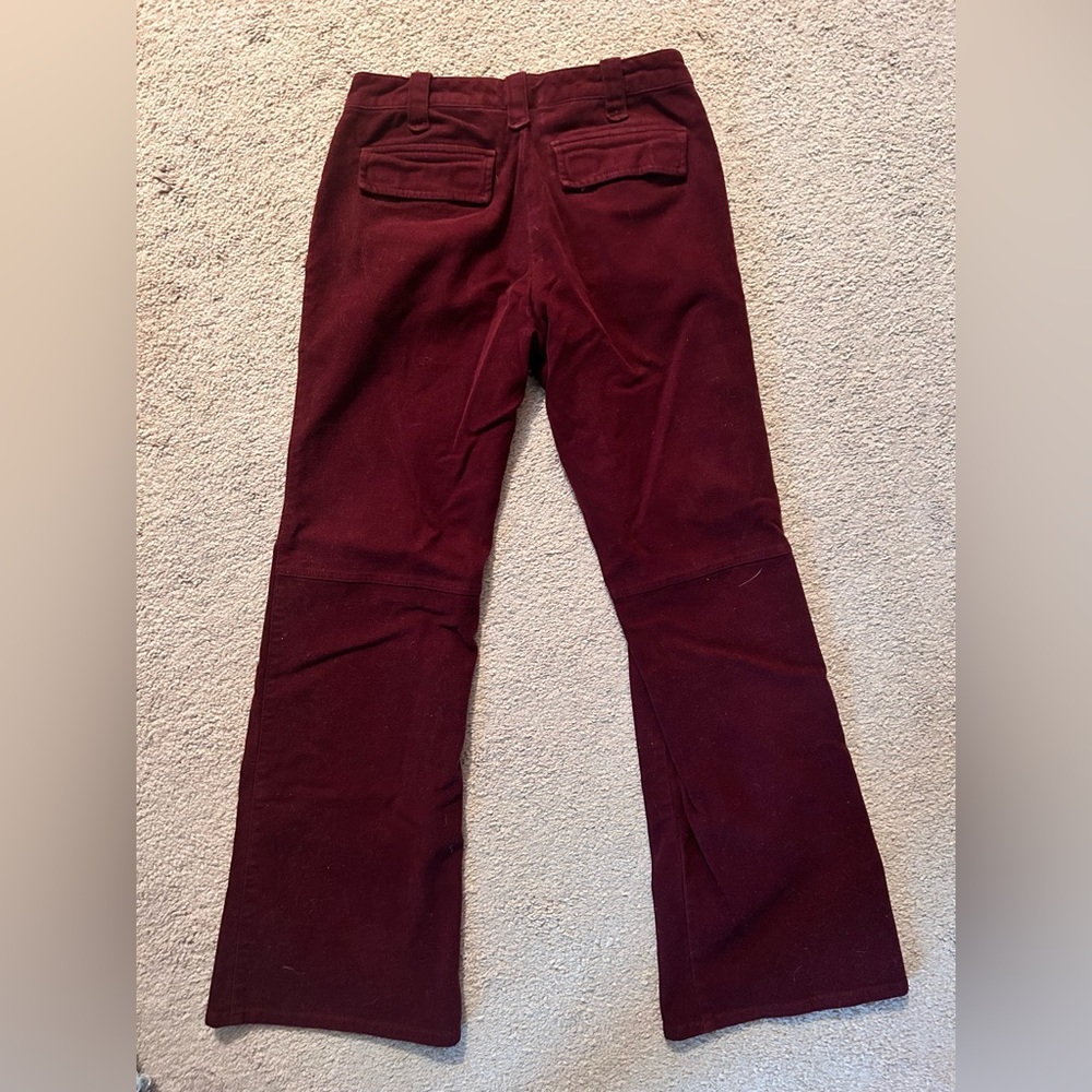 Gorgeous deep red velvet feeling/cotton spandex blend boot cut style pants.